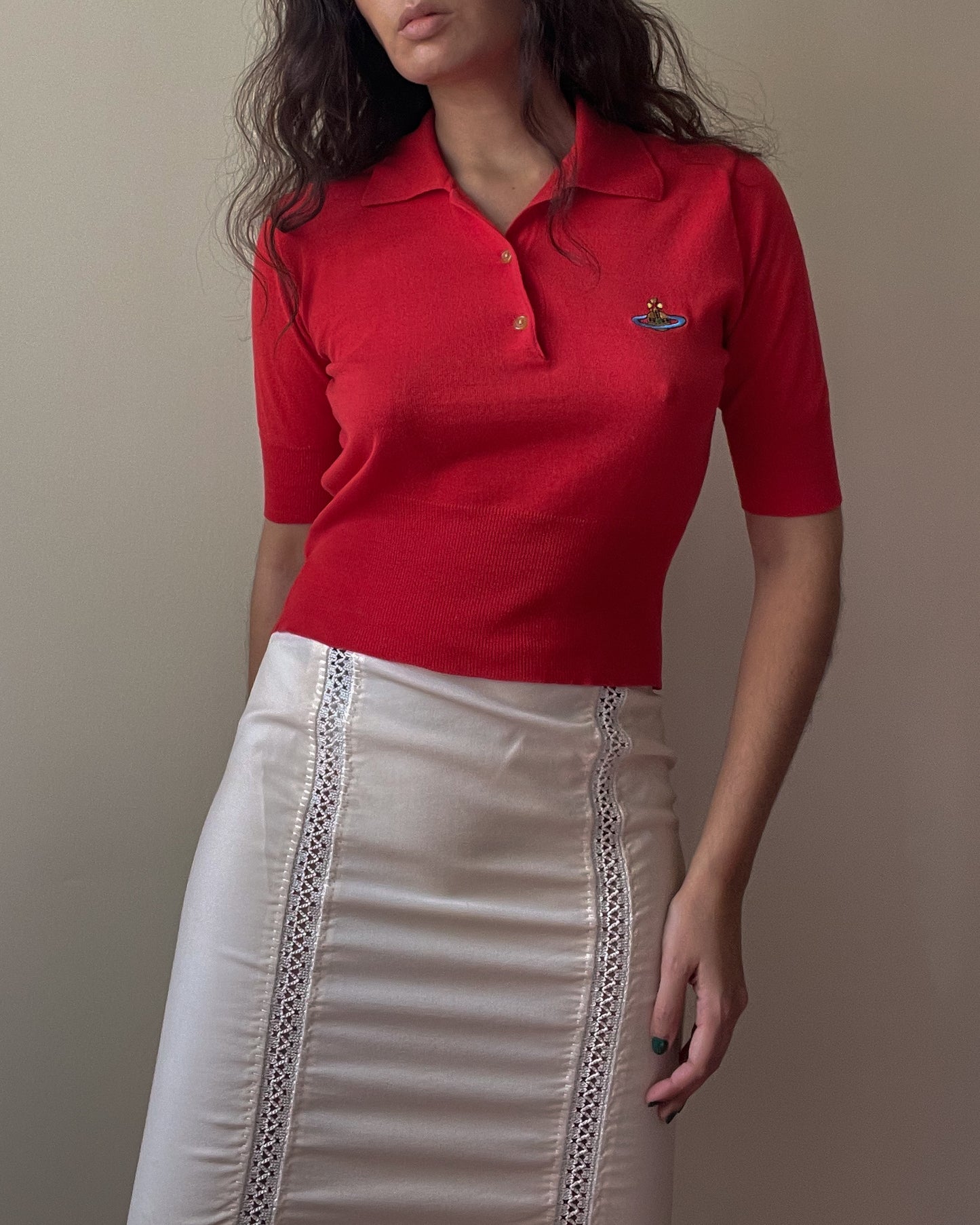 Vintage Designer Vivienne Westwood 90s Red Cotton Polo Knit Top