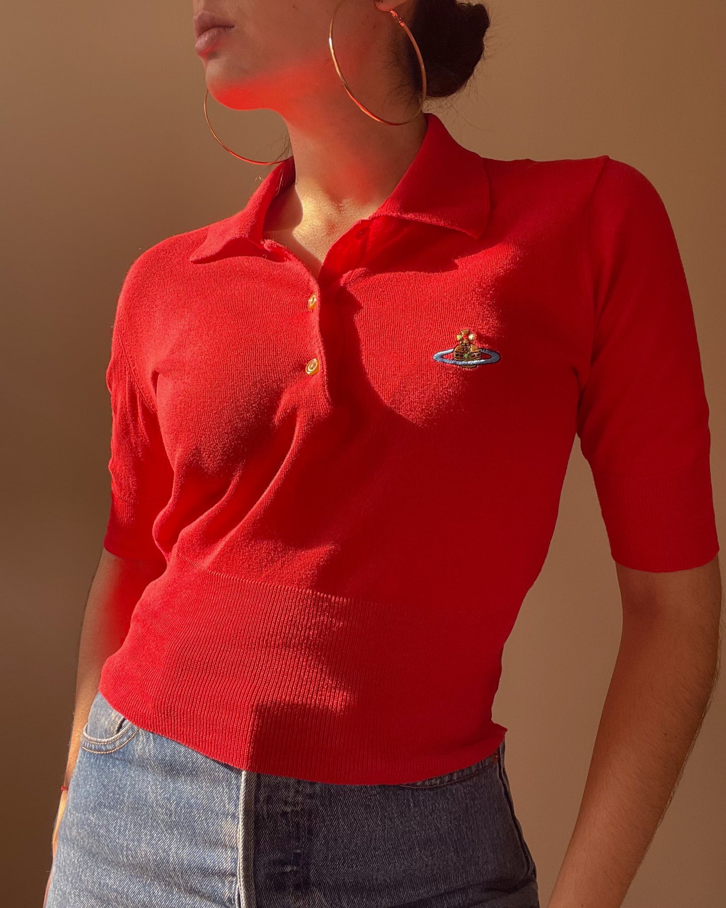 Vintage Designer Vivienne Westwood 90s Red Cotton Polo Knit Top