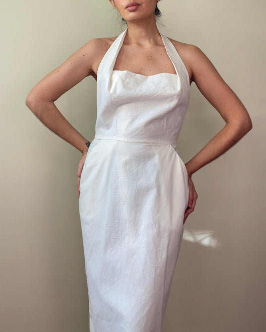 Vintage Designer Cathy Hardwick White Linen Blend Dress