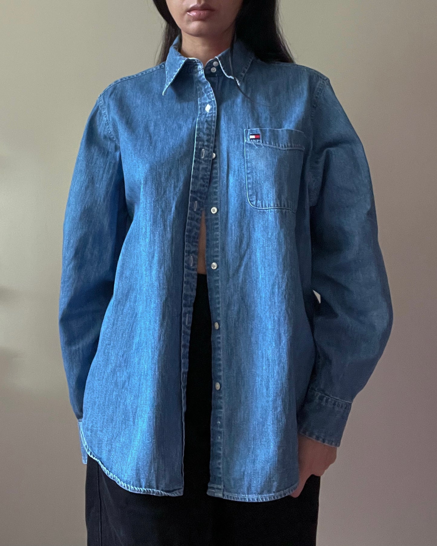 Vintage Designer Tommy Hilfiger Cotton Blue Chambray Shirt