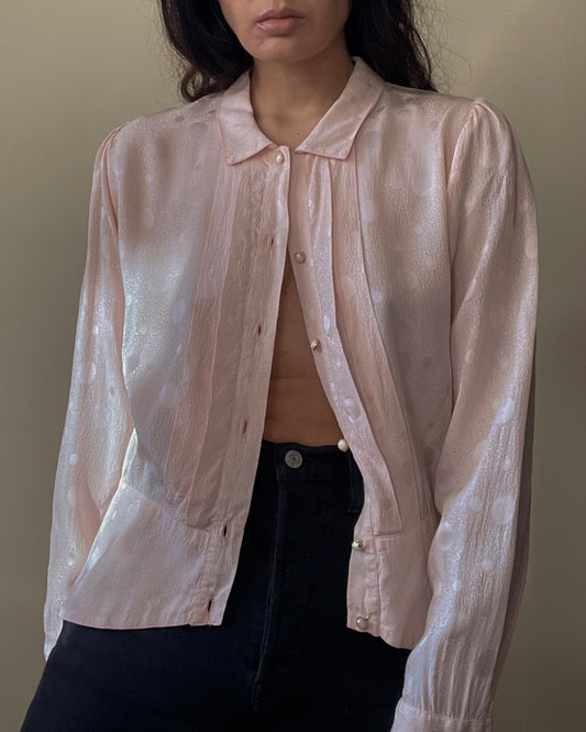 Vintage Pink Silk Top With Frontal Pleating And Sweet Button Details.