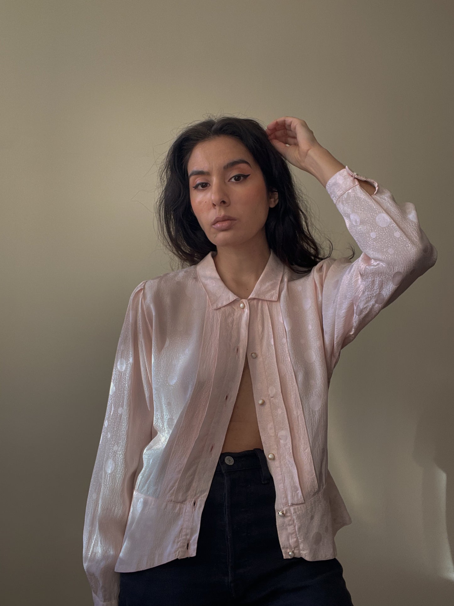 Vintage Pink Silk Top With Frontal Pleating And Sweet Button Details.