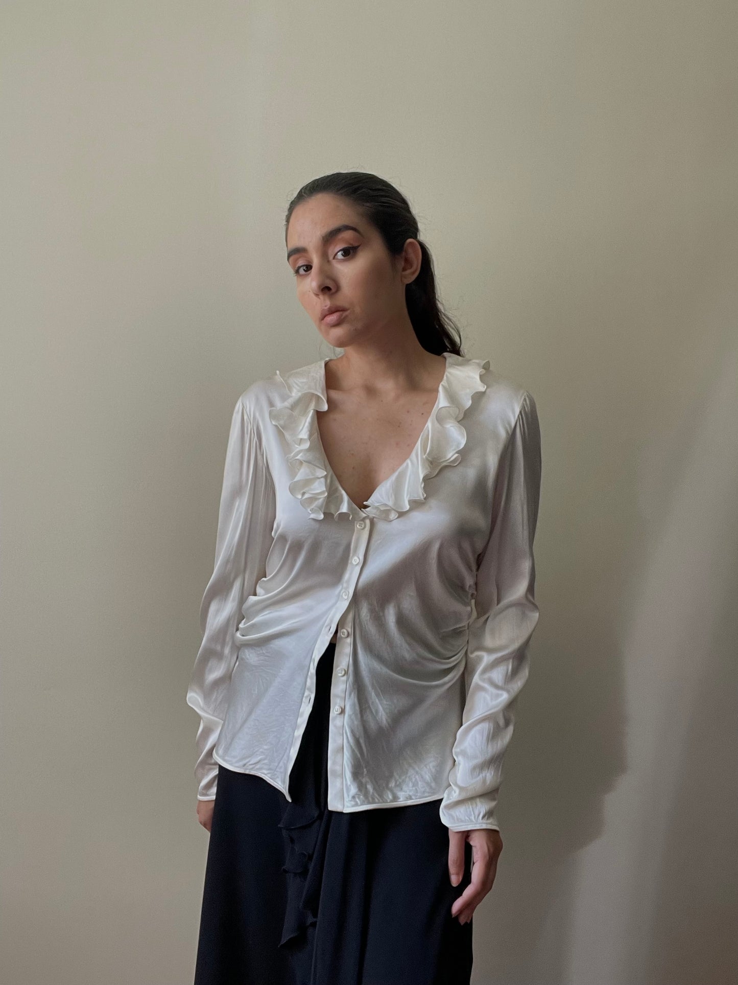 Vintage Designer Armani Cream Satin Silk Ruched Top