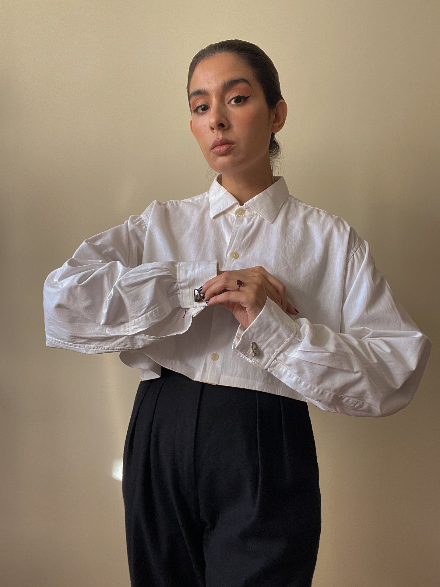 Vintage White Cotton Cropped Cufflink Shirt