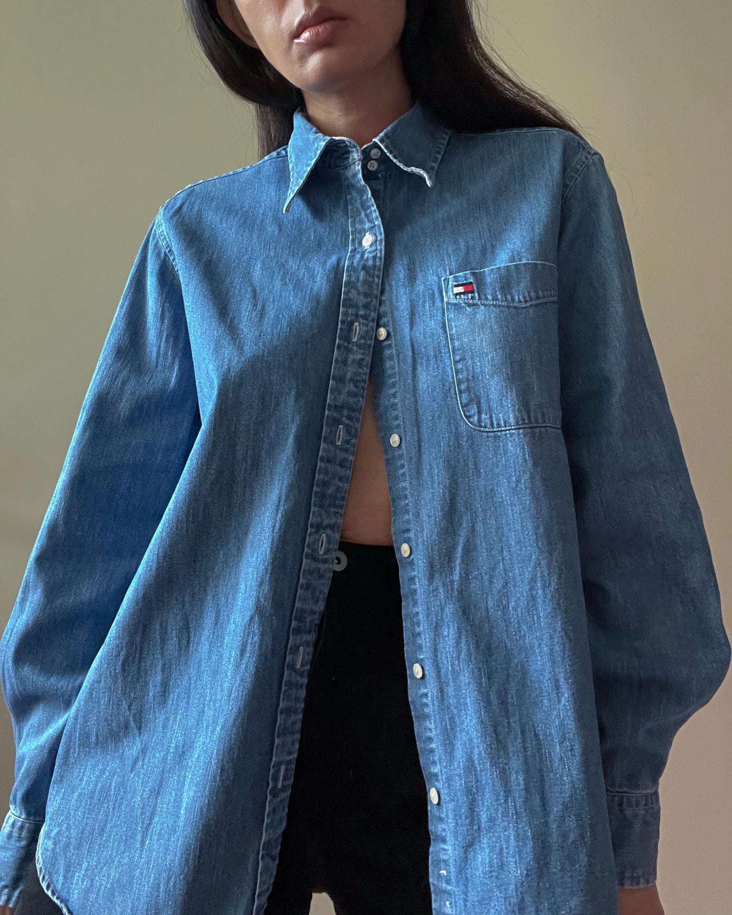 Vintage Designer Tommy Hilfiger Cotton Blue Chambray Shirt