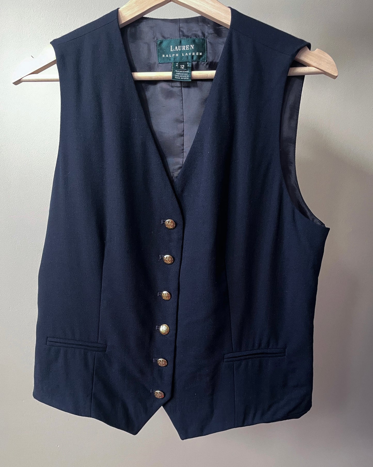 Vintage Designer Lauren Ralph Lauren Navy Wool Suiting Vest