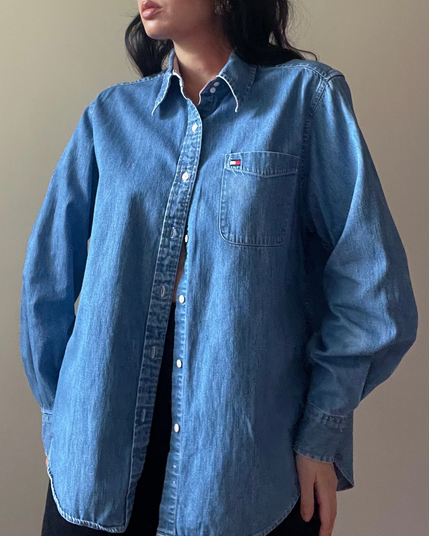 Vintage Designer Tommy Hilfiger Cotton Blue Chambray Shirt