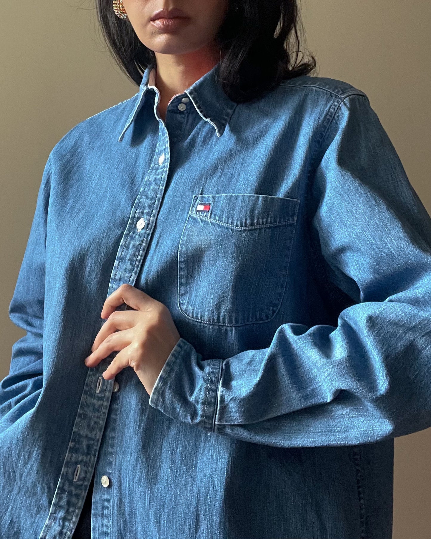 Vintage Designer Tommy Hilfiger Cotton Blue Chambray Shirt