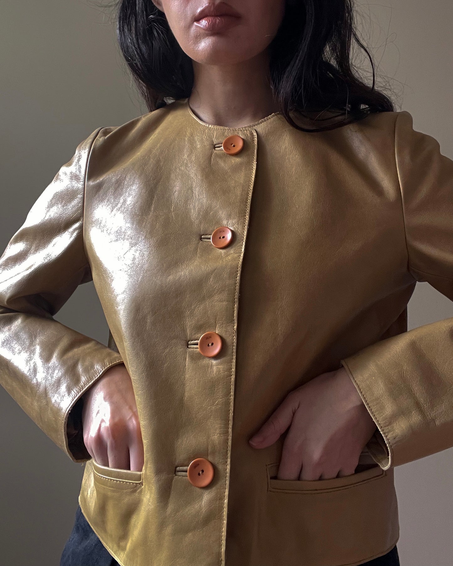 Vintage Designer Nine West Tan Leather Collarless Cropped Jacket