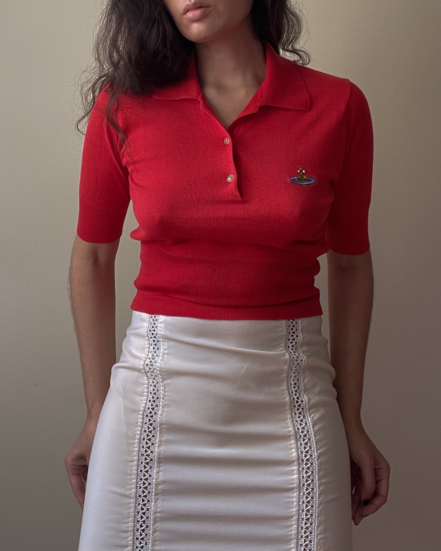 Vintage Designer Vivienne Westwood 90s Red Cotton Polo Knit Top