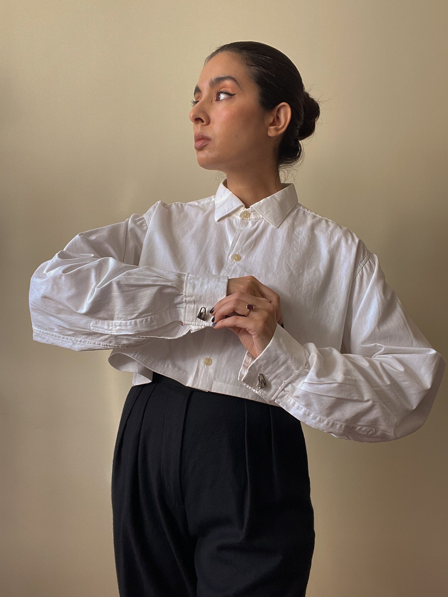 Vintage White Cotton Cropped Cufflink Shirt