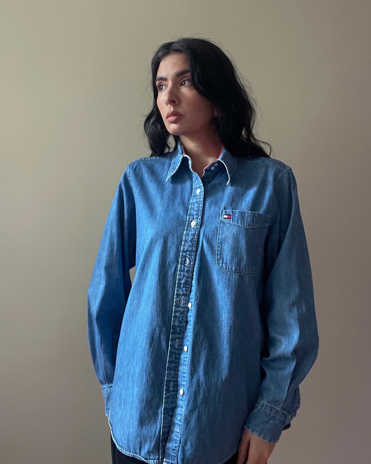 Vintage Designer Tommy Hilfiger Cotton Blue Chambray Shirt