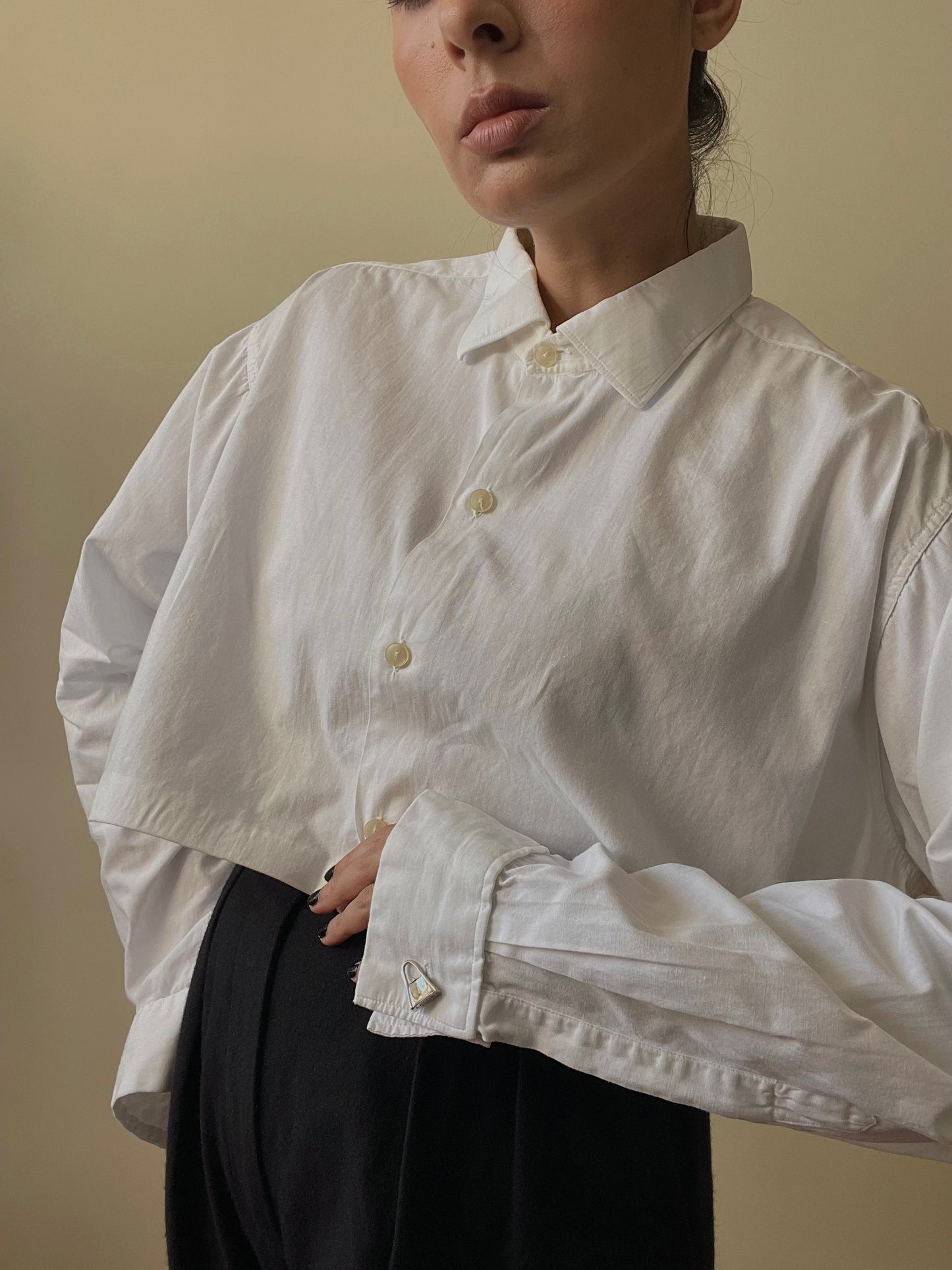 Vintage White Cotton Cropped Cufflink Shirt