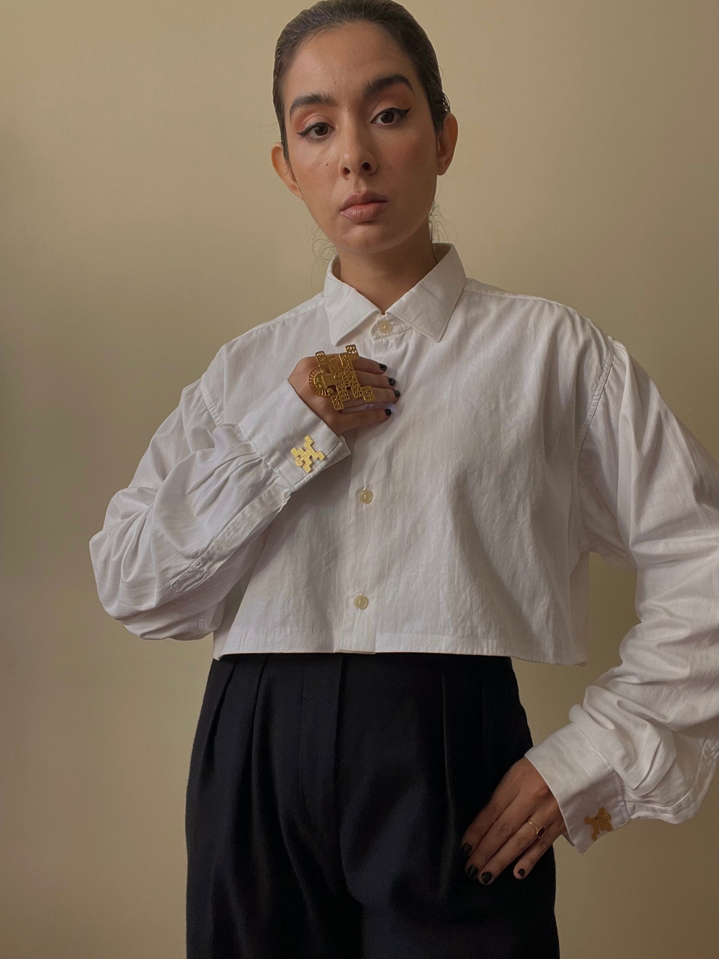 Vintage White Cotton Cropped Cufflink Shirt