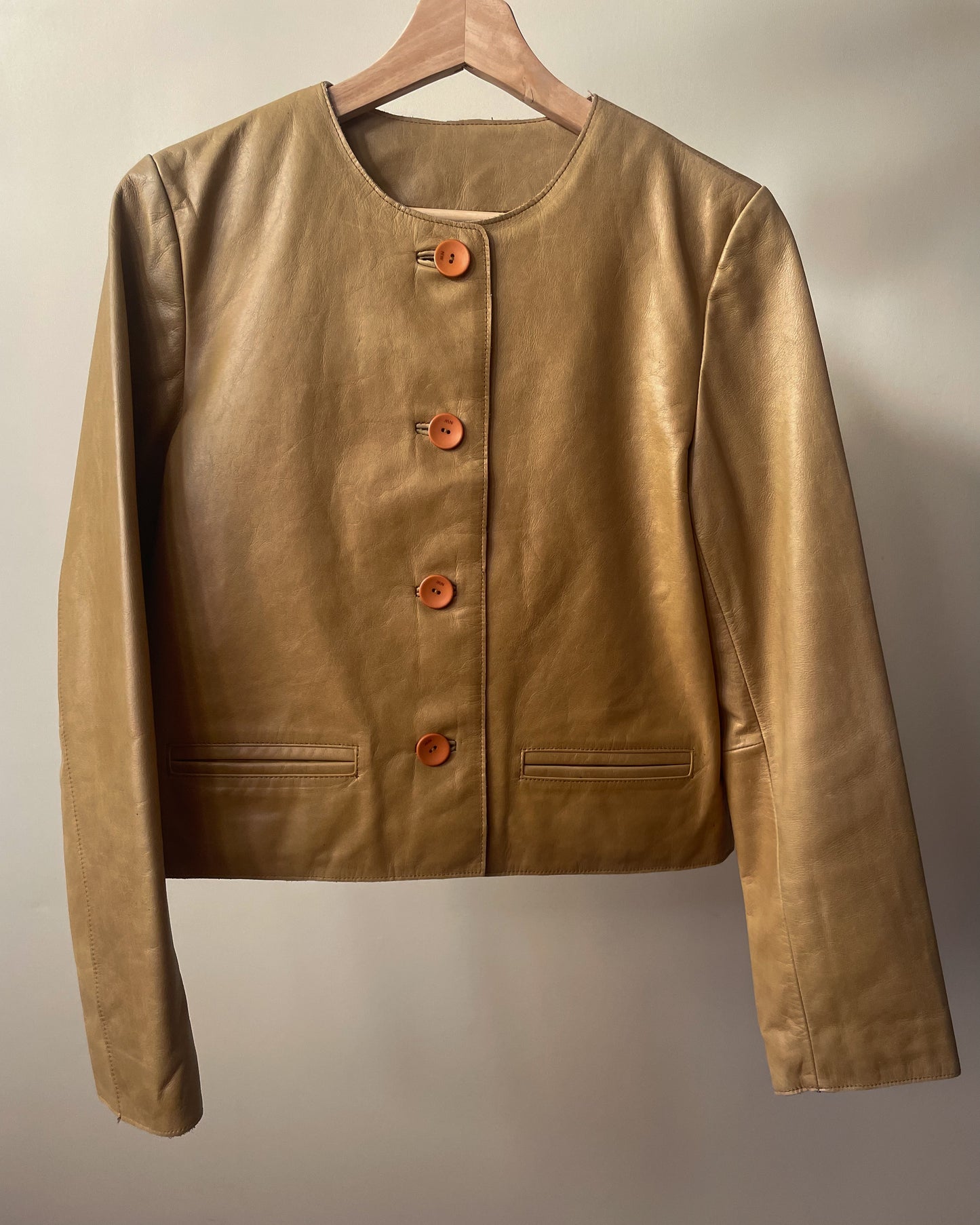 Vintage Designer Nine West Tan Leather Collarless Cropped Jacket