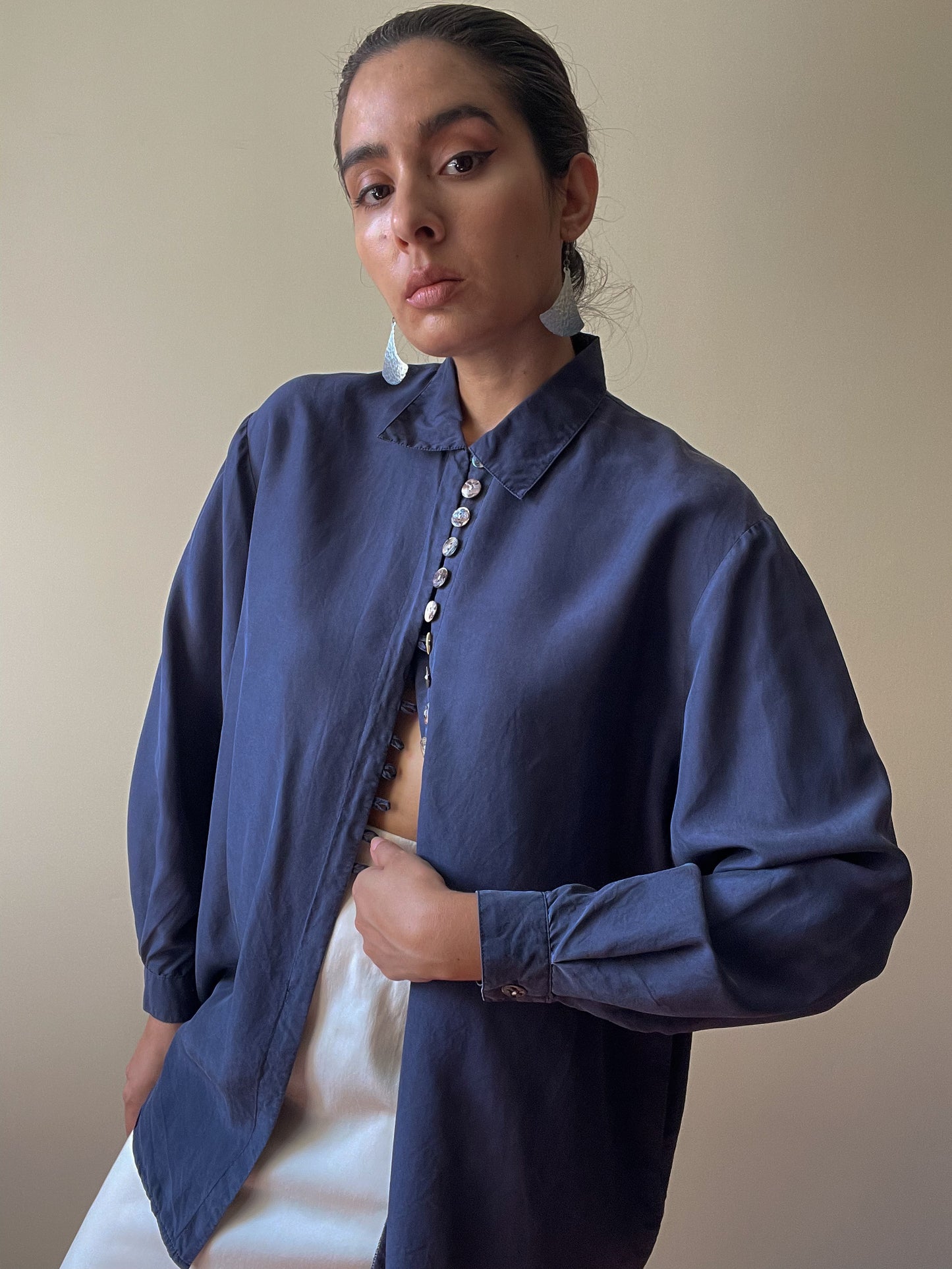 Vintage Navy Silk Blouse With Texturized Buttons