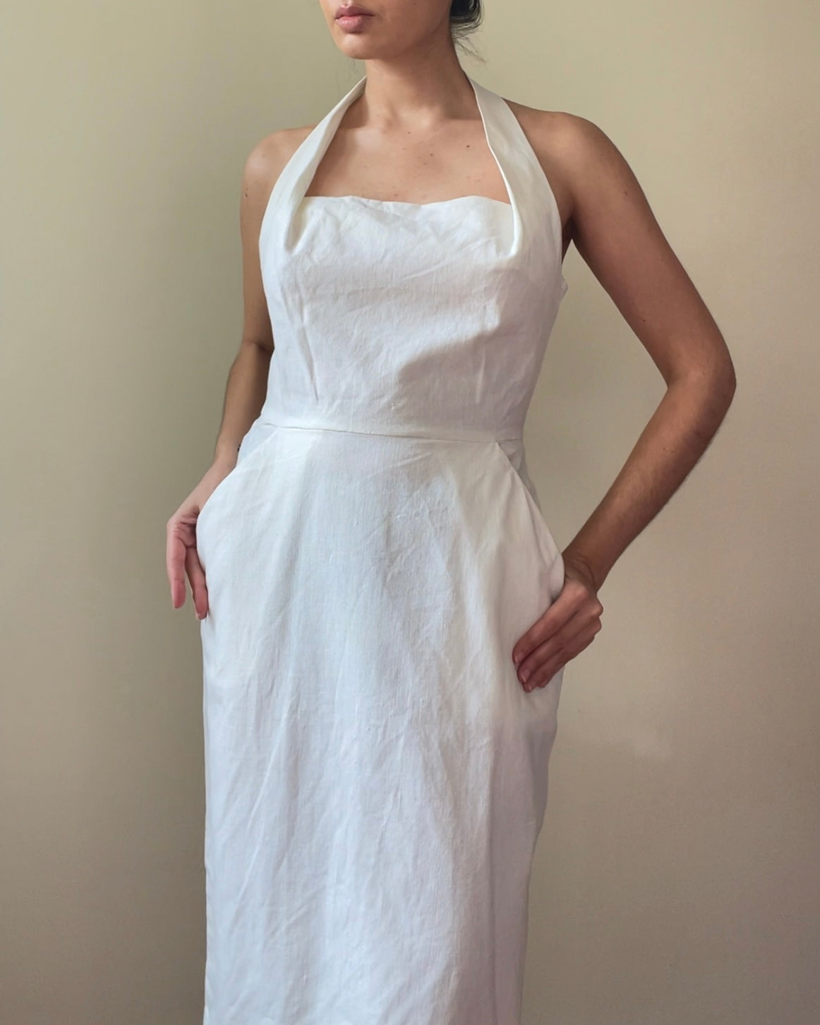 Vintage Designer Cathy Hardwick White Linen Blend Dress