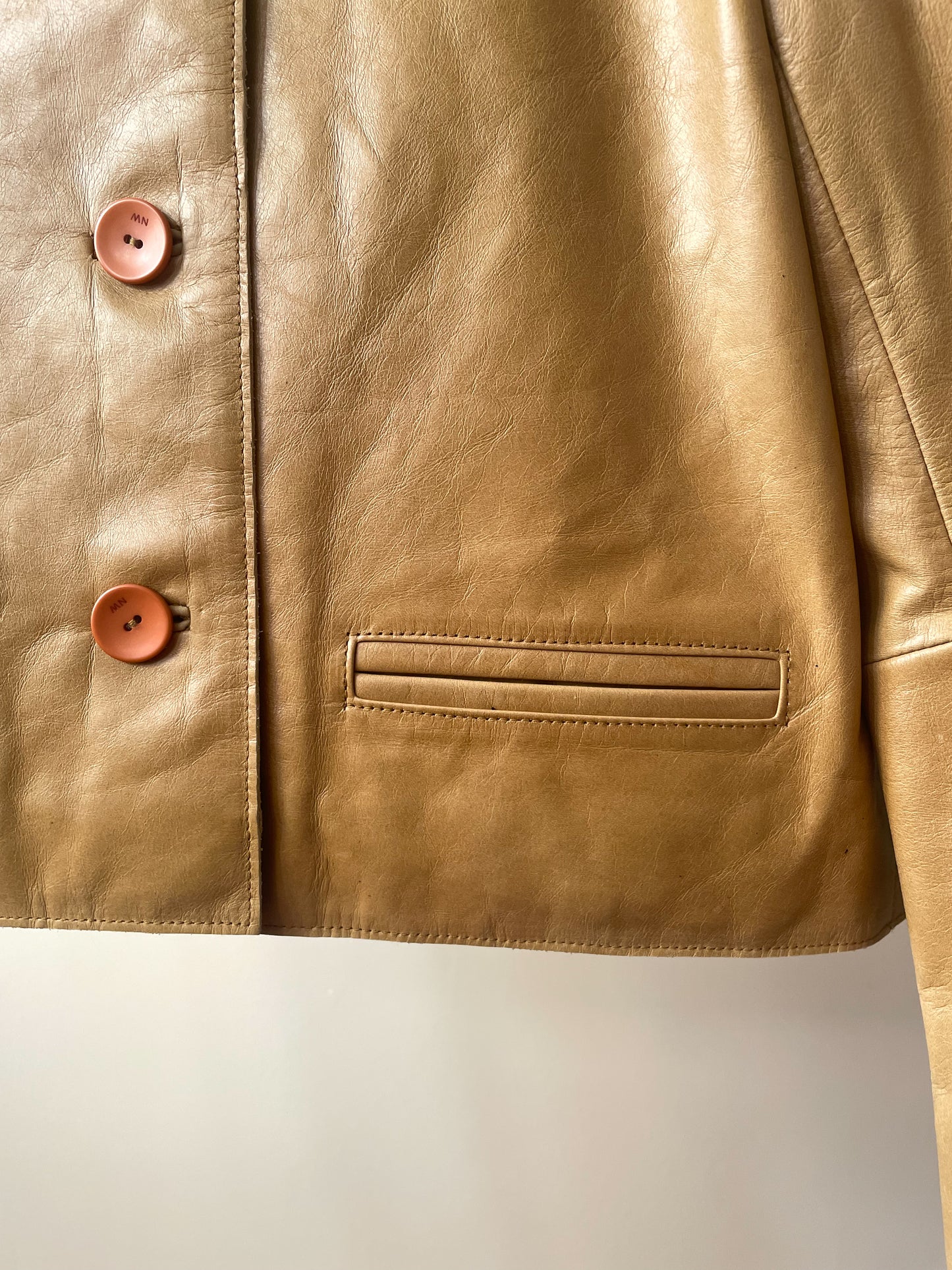 Vintage Designer Nine West Tan Leather Collarless Cropped Jacket