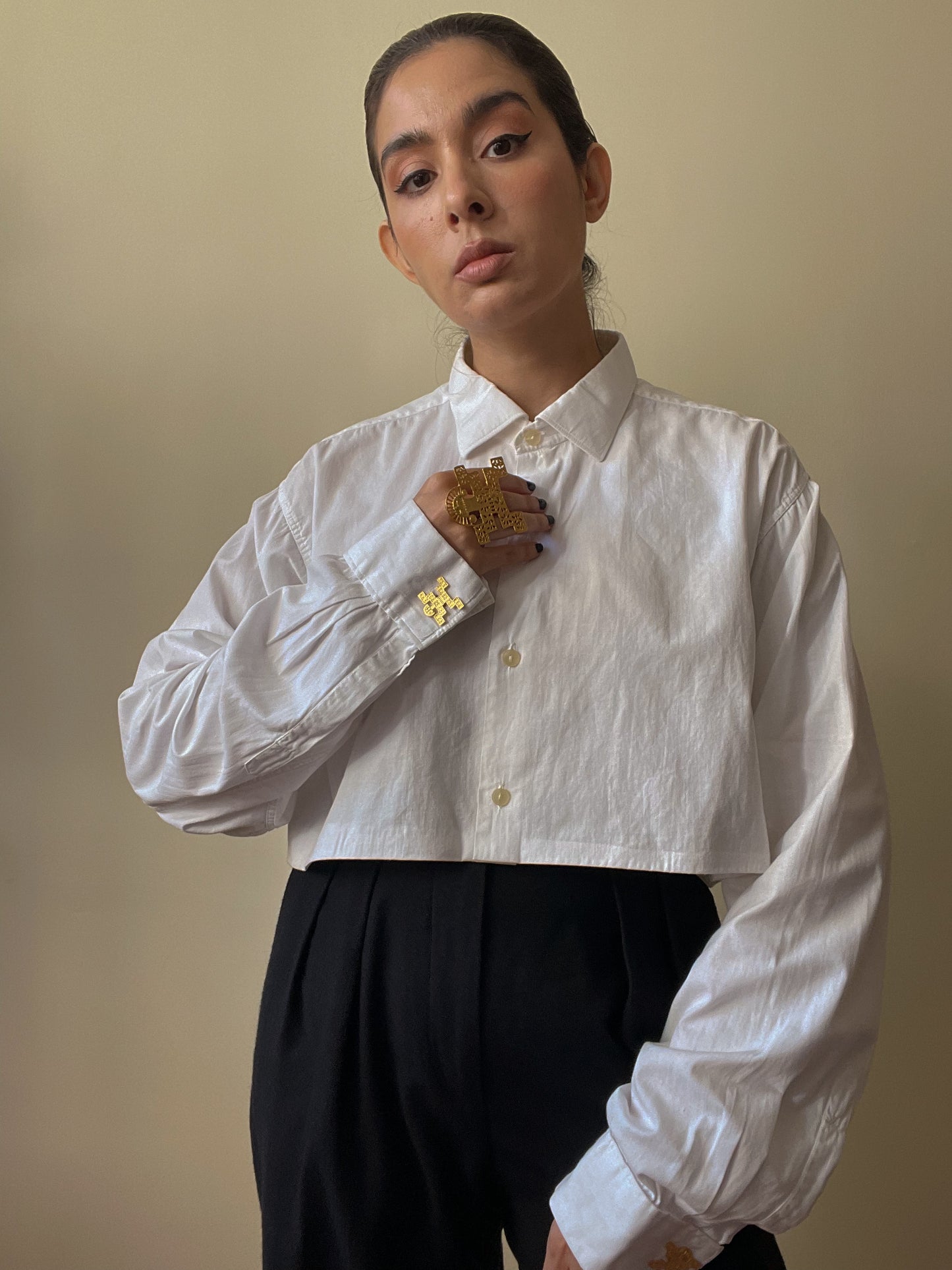 Vintage White Cotton Cropped Cufflink Shirt