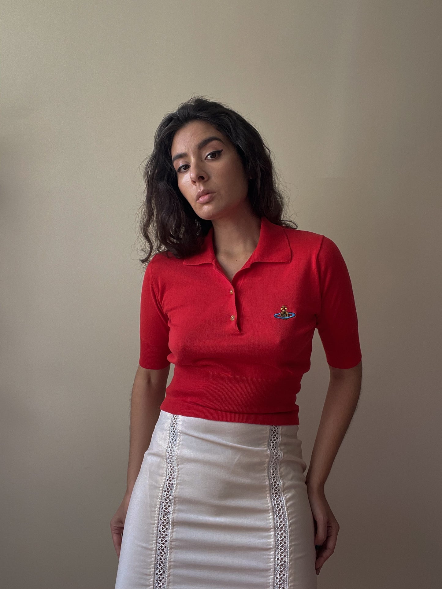 Vintage Designer Vivienne Westwood 90s Red Cotton Polo Knit Top