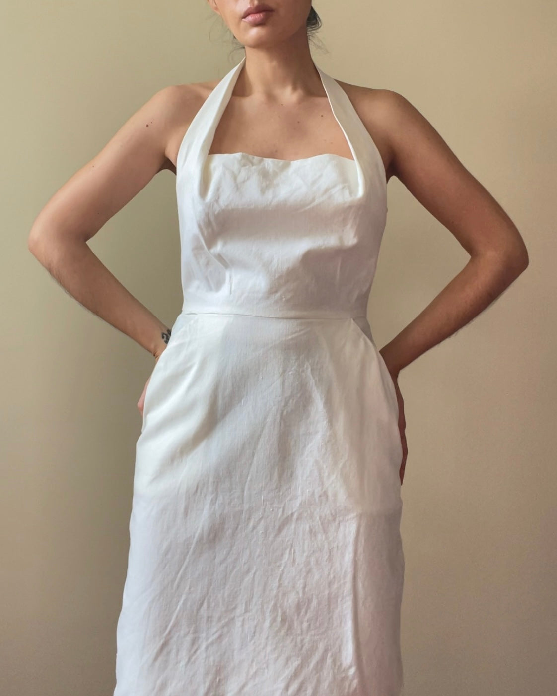 Vintage Designer Cathy Hardwick White Linen Blend Dress