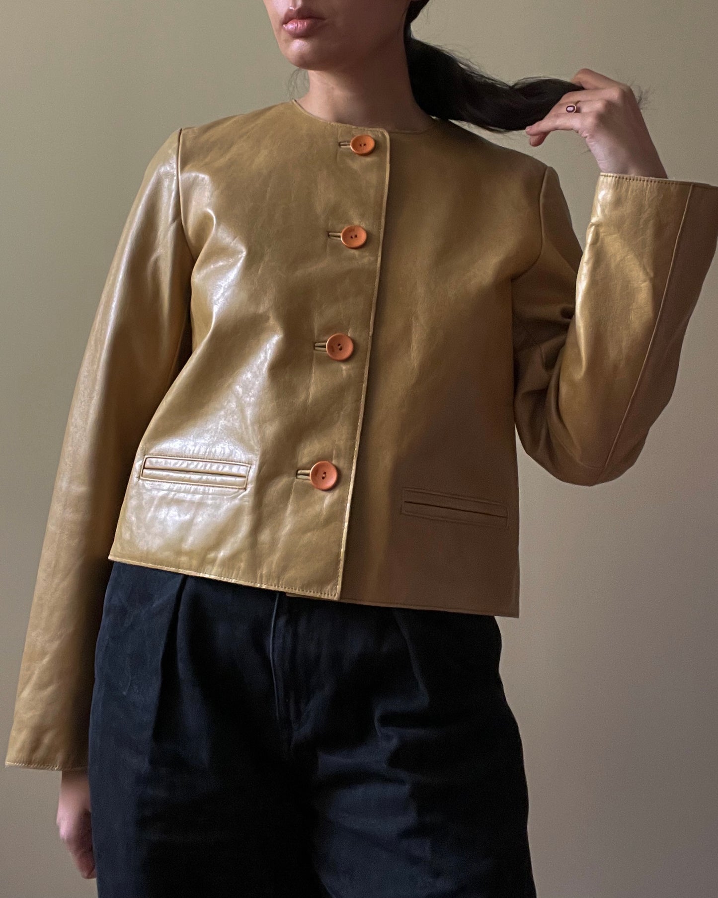 Vintage Designer Nine West Tan Leather Collarless Cropped Jacket