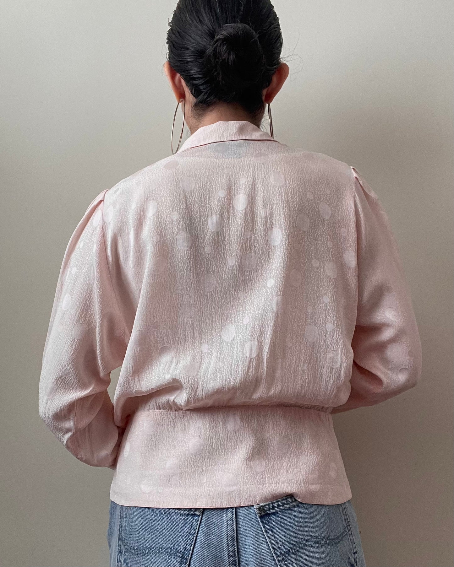 Vintage Pink Silk Top With Frontal Pleating And Sweet Button Details.