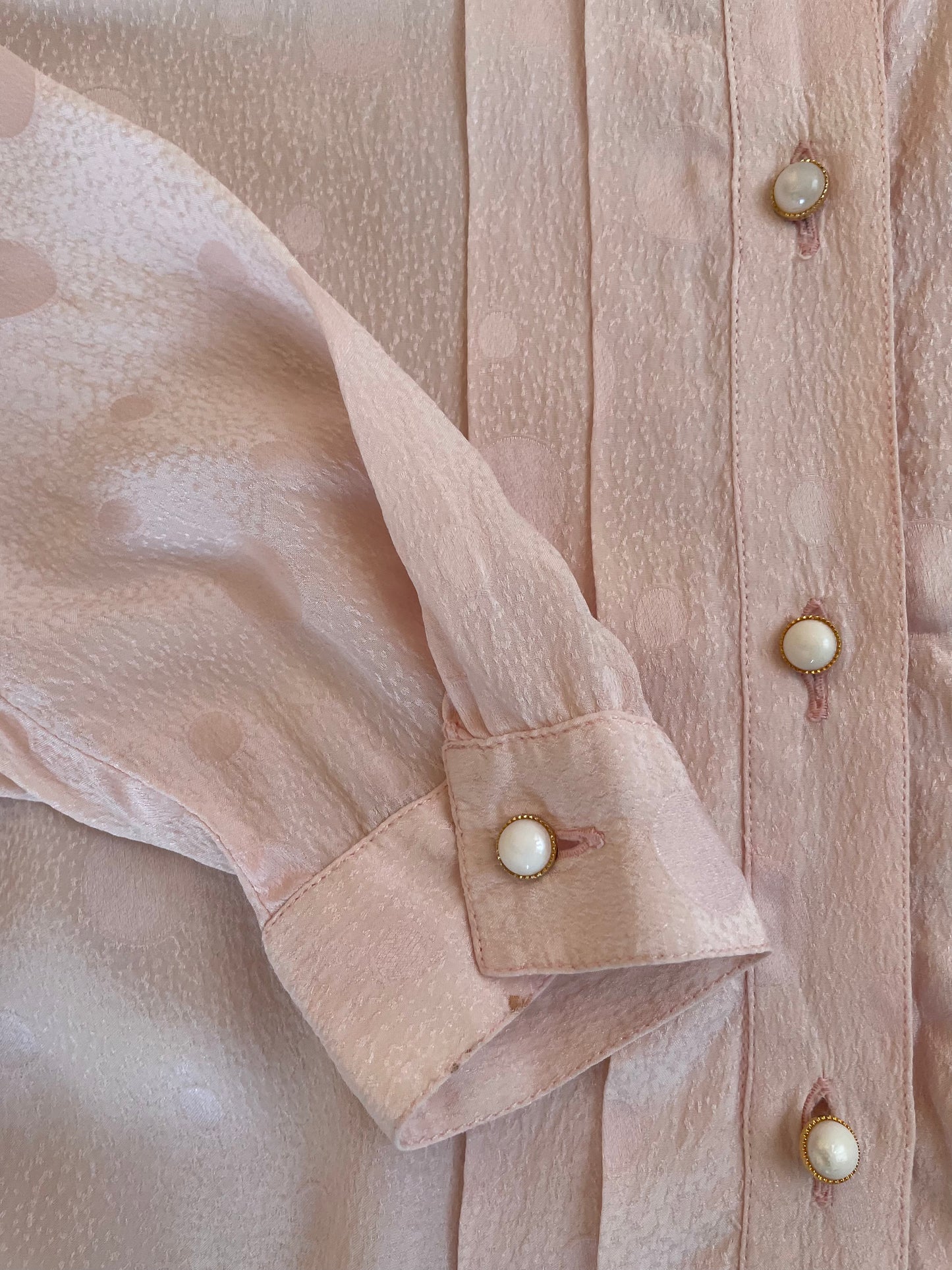 Vintage Pink Silk Top With Frontal Pleating And Sweet Button Details.