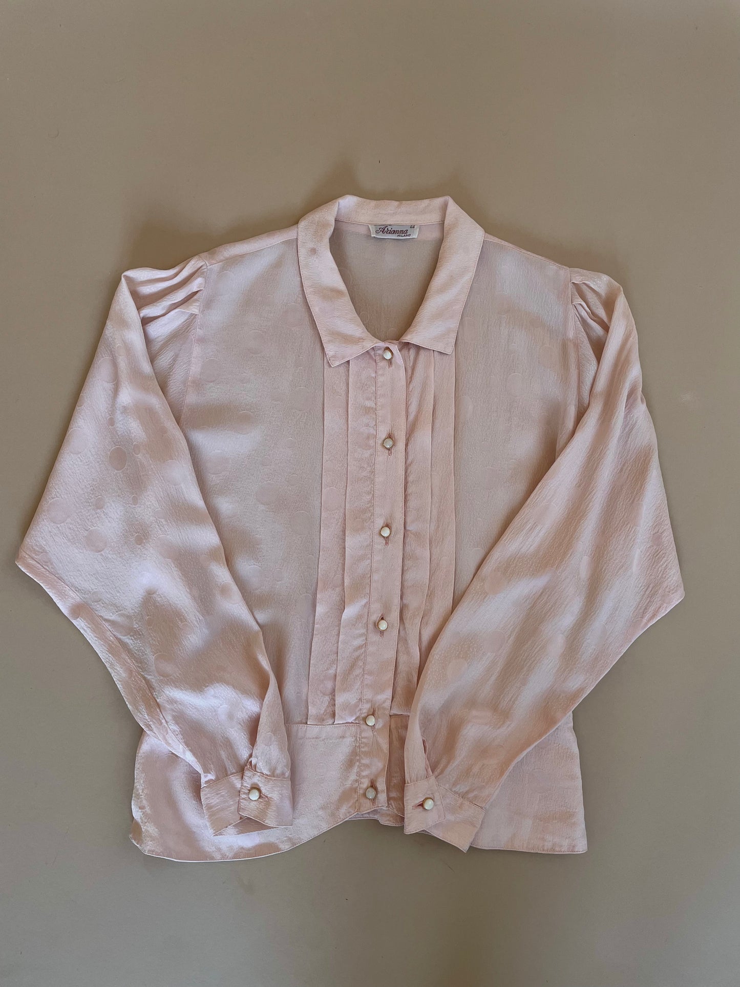 Vintage Pink Silk Top With Frontal Pleating And Sweet Button Details.